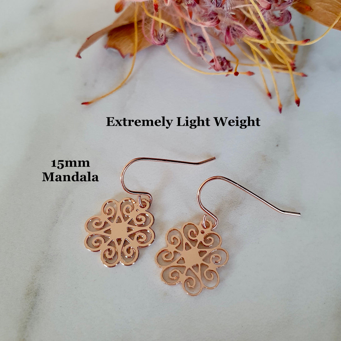 Light Weight Rose Gold Mandala Drop Earrings, Symbolic Jewellery