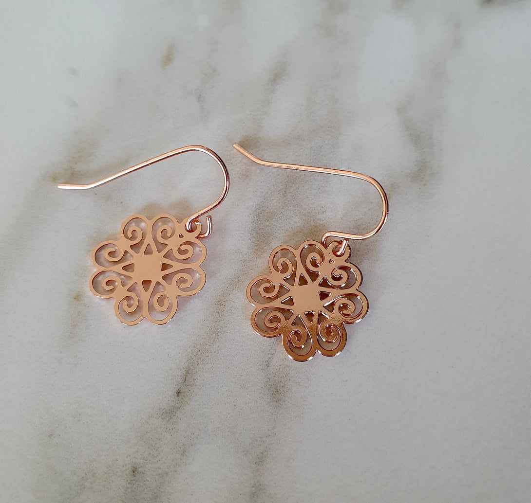 Light Weight Rose Gold Mandala Drop Earrings, Symbolic Jewellery