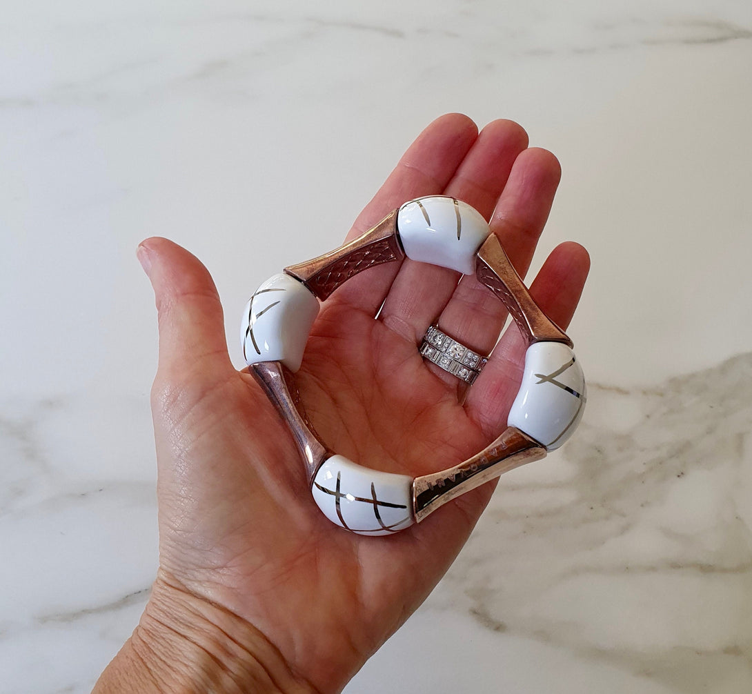 Vintage Italian Sterling Silver And Rose Gold Ceramic Stretch Bracelet