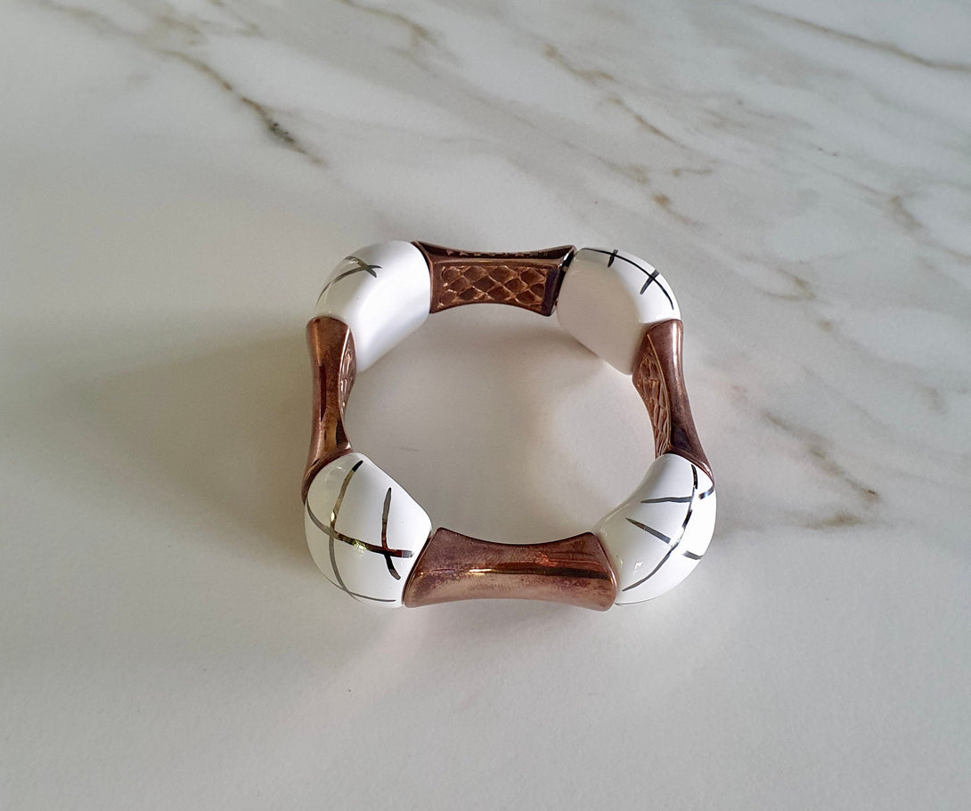 Vintage Italian Sterling Silver And Rose Gold Ceramic Stretch Bracelet