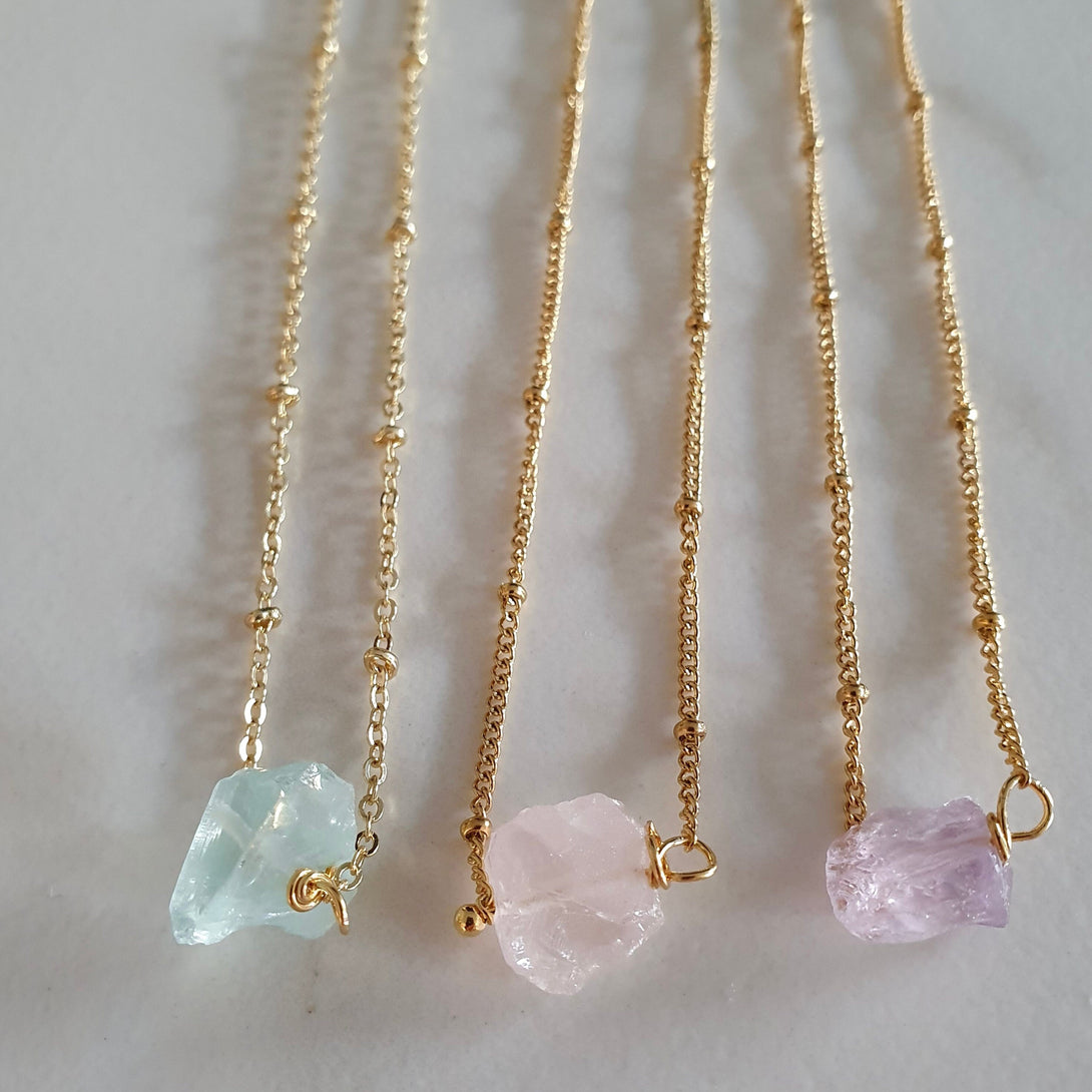 Raw Stone Necklace, Aquamarine, Amethyst Or Rose Quartz, January, February And March Birthstone Jewellery