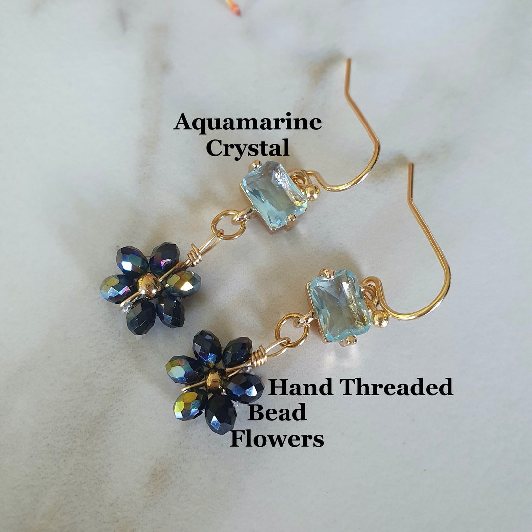 Aquamarine Crystal And Daisy Bead Flower Drop Earrings, March And April Birthday Gifts