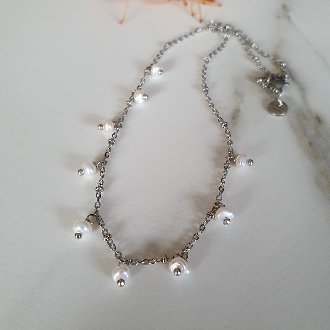 Satellite Pearl Necklace, Jingle Necklace, Layer Choker, June Birthstone Jewellery