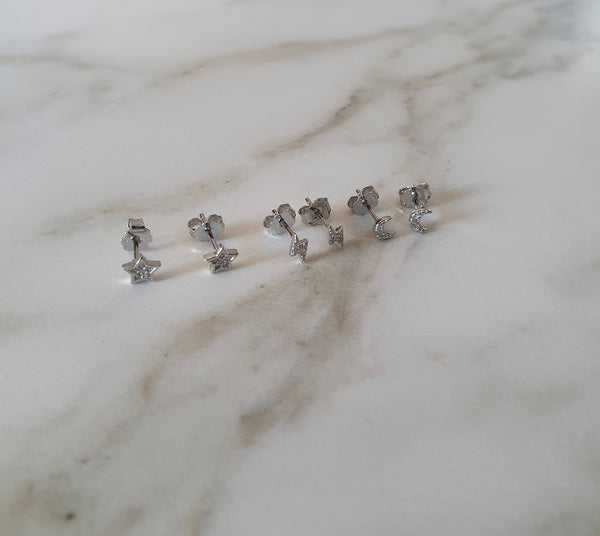 Mini Sterling Silver And CZ Stud Layer Earrings, Crescent Moon, Star Or Bolt, Helix, Cartilage And Body Piercings, PAIR