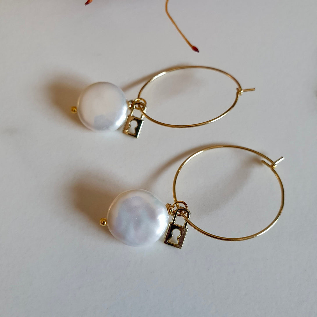 Coin Pearl And Padlock Hoop Earrings, Symbolic, June Birthstone Jewellery