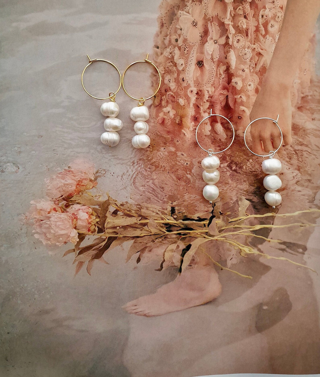 Triple Pearl Hoop Earrings, Bridal Jewellery, June Birthstone Jewellery