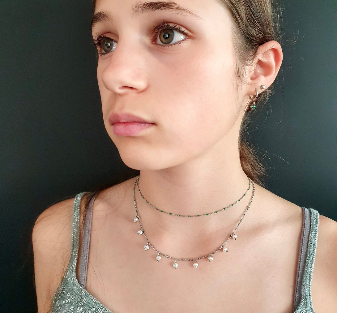 Satellite Pearl Necklace, Jingle Necklace, Layer Choker, June Birthstone Jewellery