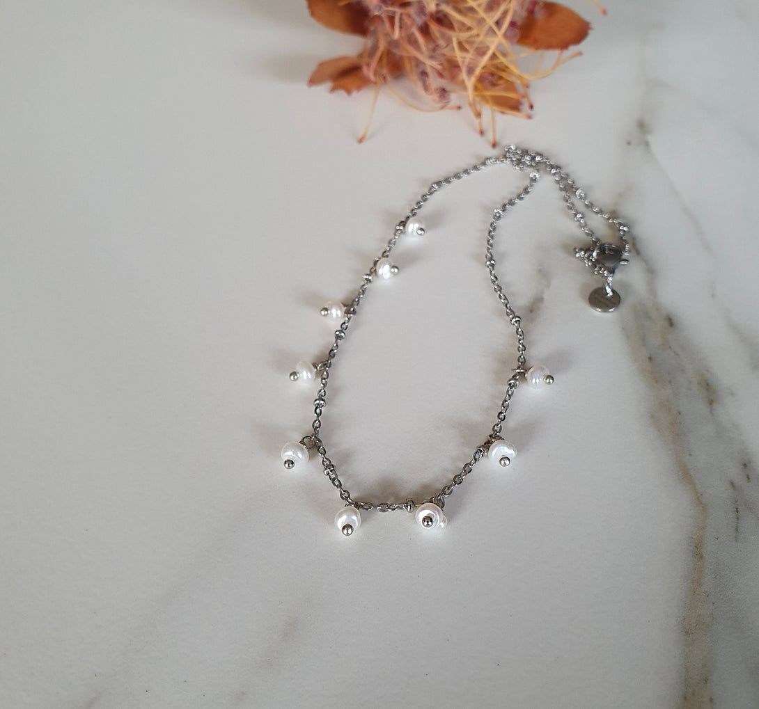 Satellite Pearl Necklace, Jingle Necklace, Layer Choker, June Birthstone Jewellery