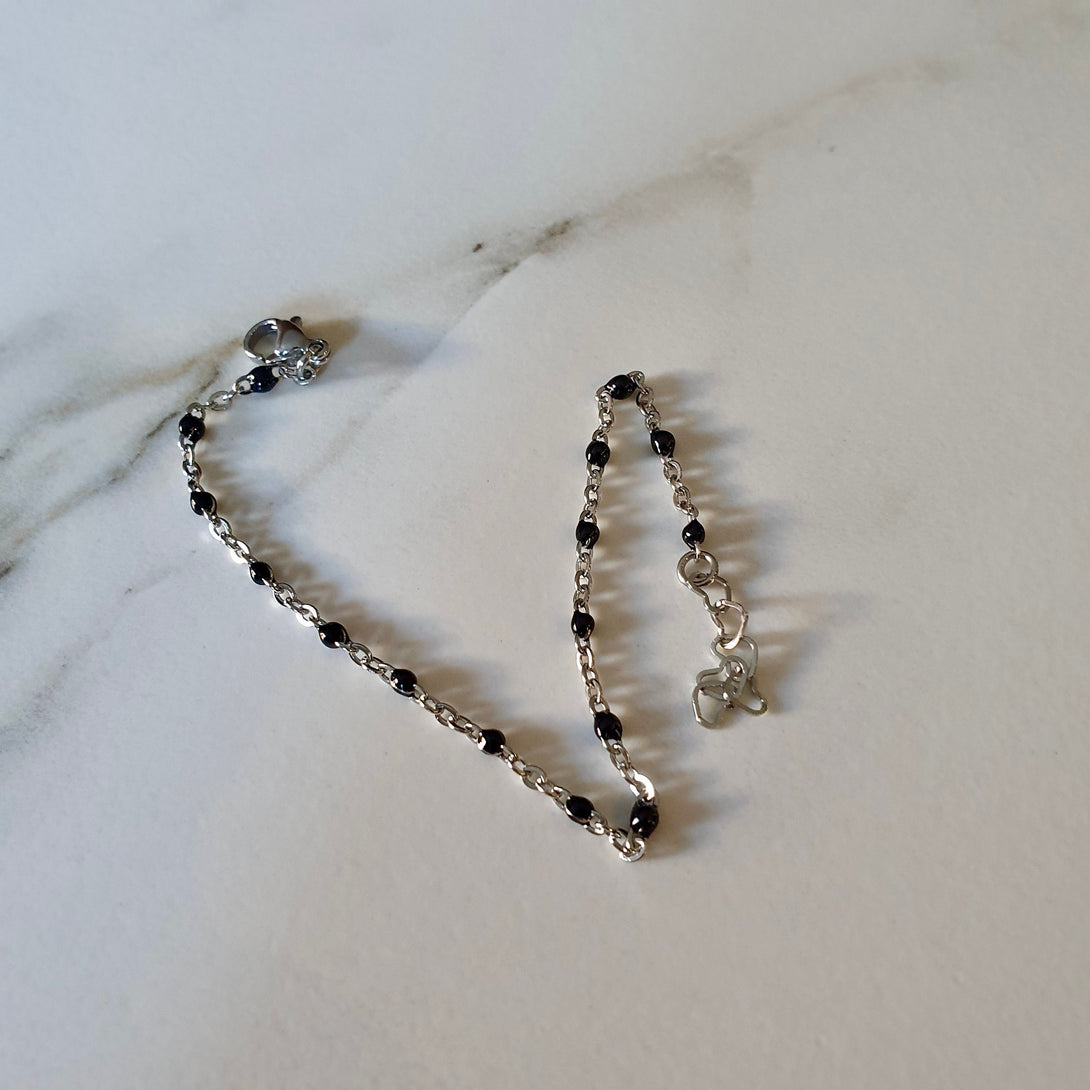 Silver And Black Enamel Bead Satellite Chain, Dainty, Layer Bracelet