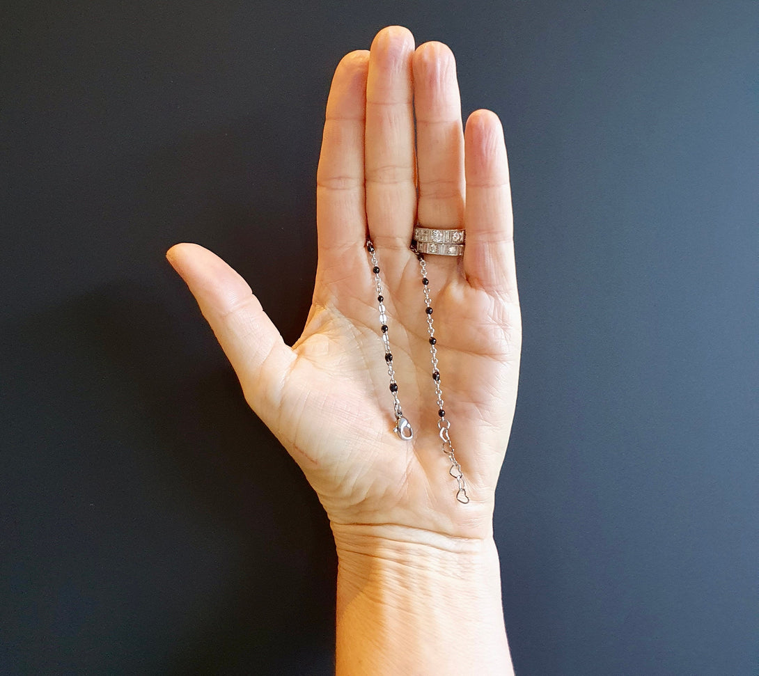 Silver And Black Enamel Bead Satellite Chain, Dainty, Layer Bracelet