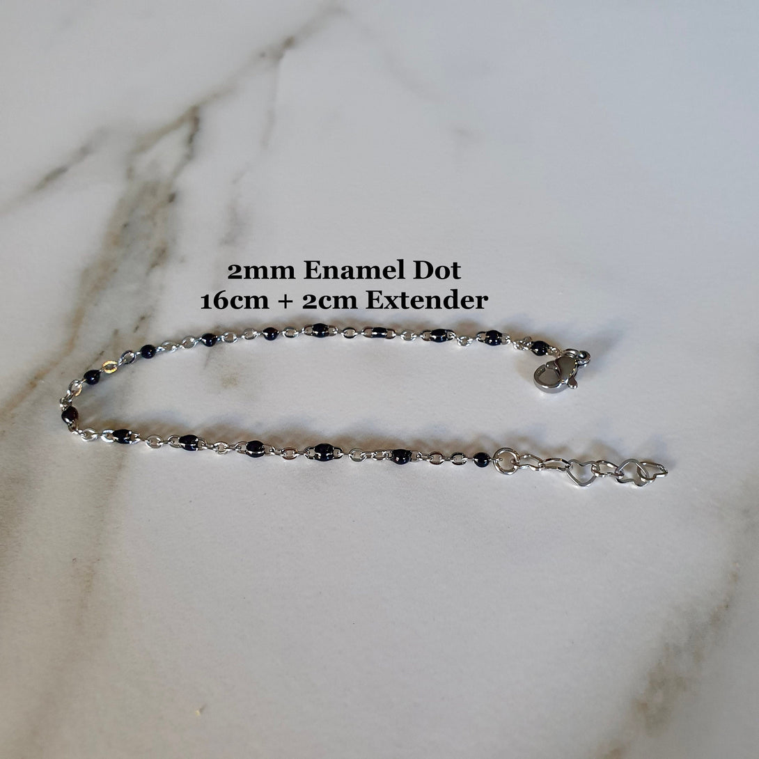 Silver And Black Enamel Bead Satellite Chain, Dainty, Layer Bracelet