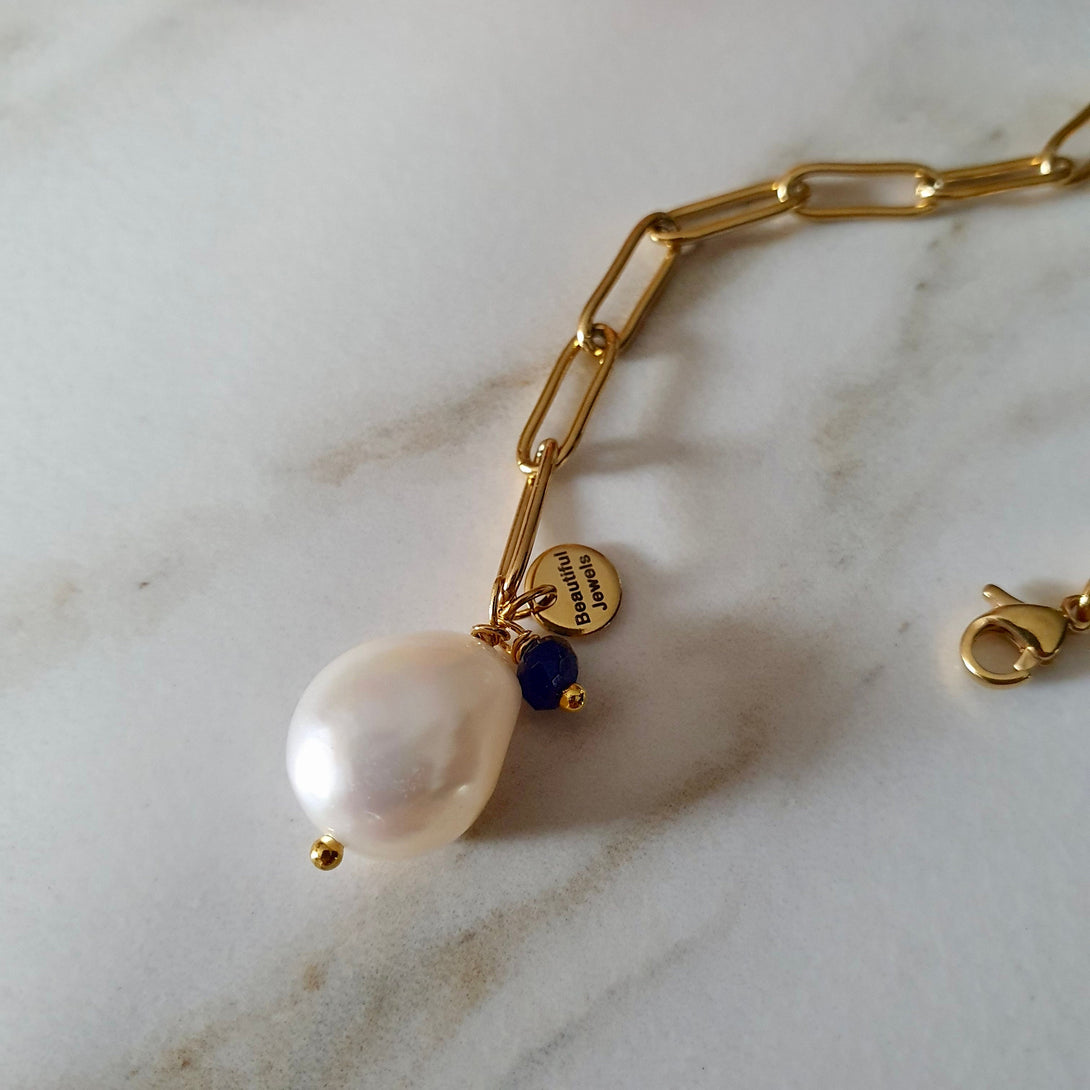 Gold Paperclip Chain With Baroque Pearl And Sapphire, June And September Birthstone Jewellery