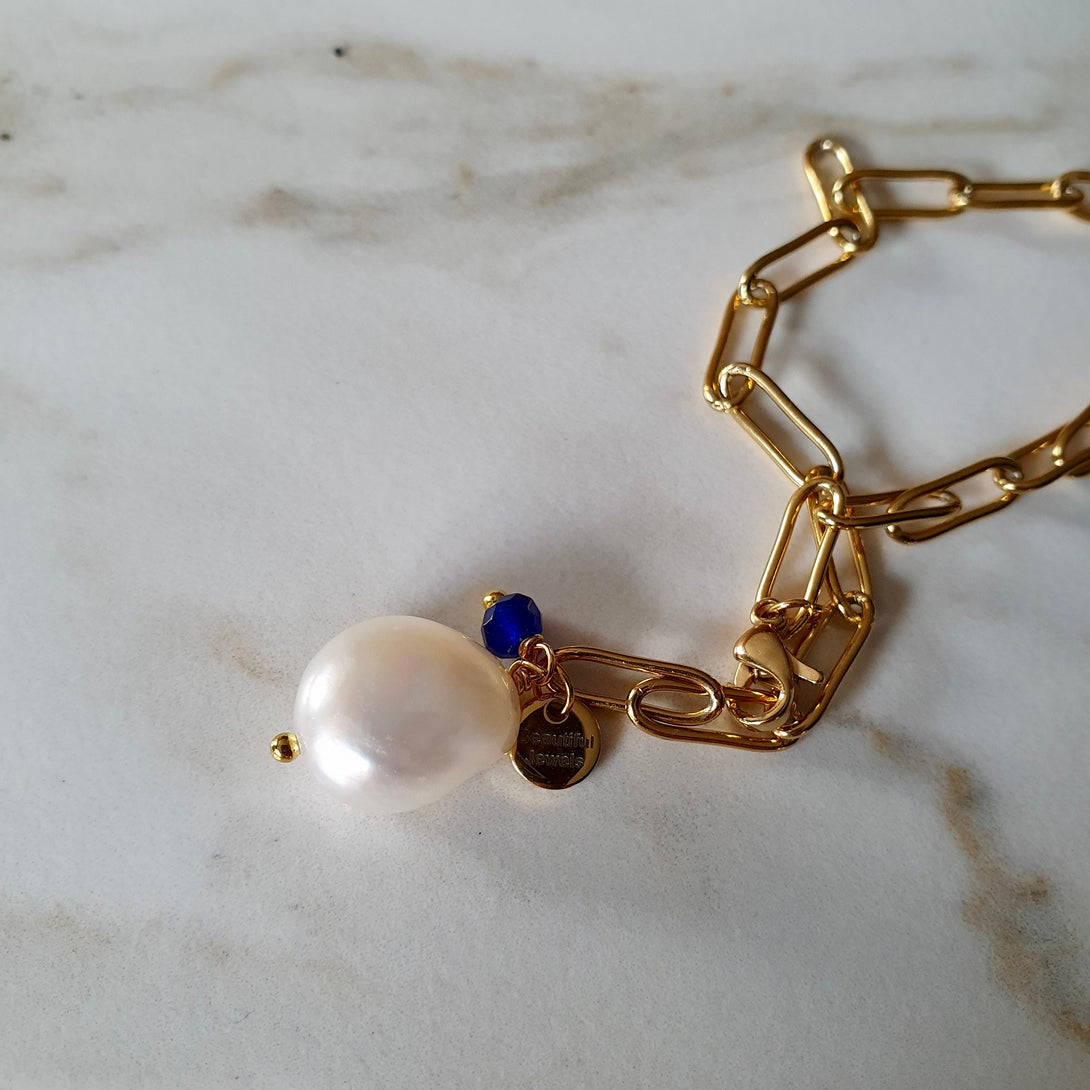 Gold Paperclip Chain With Baroque Pearl And Sapphire, June And September Birthstone Jewellery