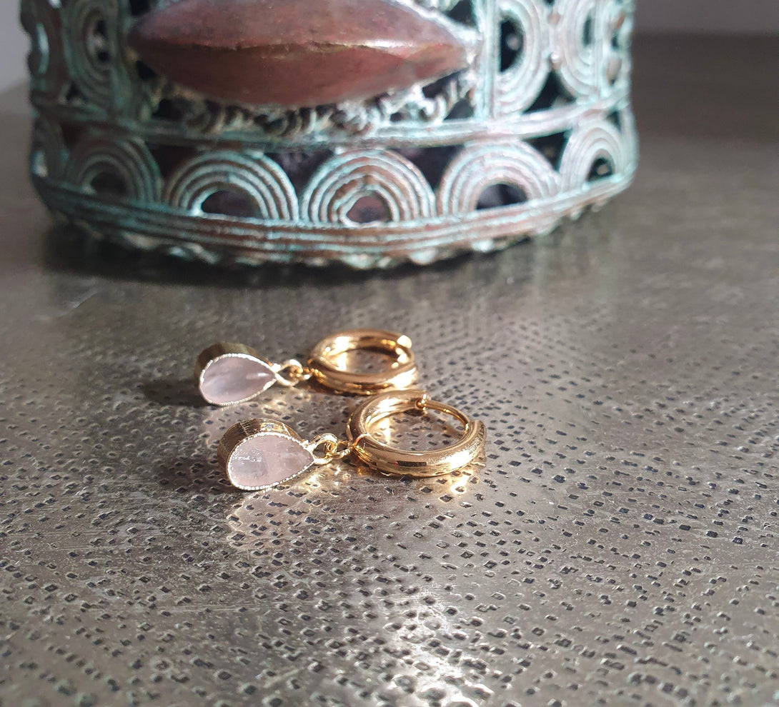 Raw Rose Quartz Titanium Hoop Earrings, January Birthstone, 5Th Wedding Anniversary Gift