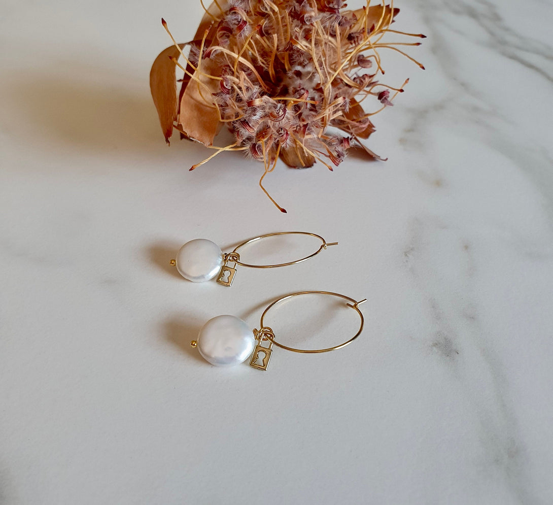 Coin Pearl And Padlock Hoop Earrings, Symbolic, June Birthstone Jewellery