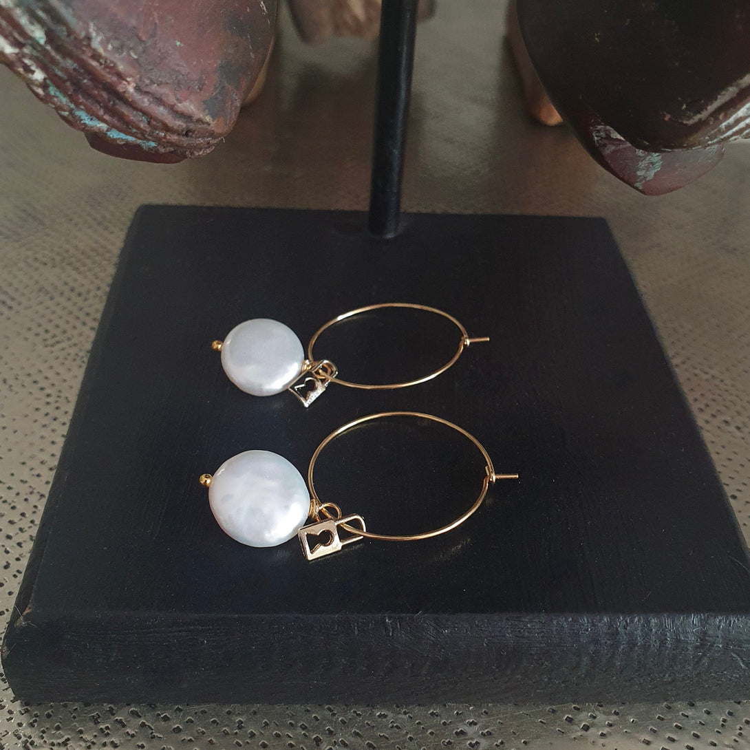 Coin Pearl And Padlock Hoop Earrings, Symbolic, June Birthstone Jewellery