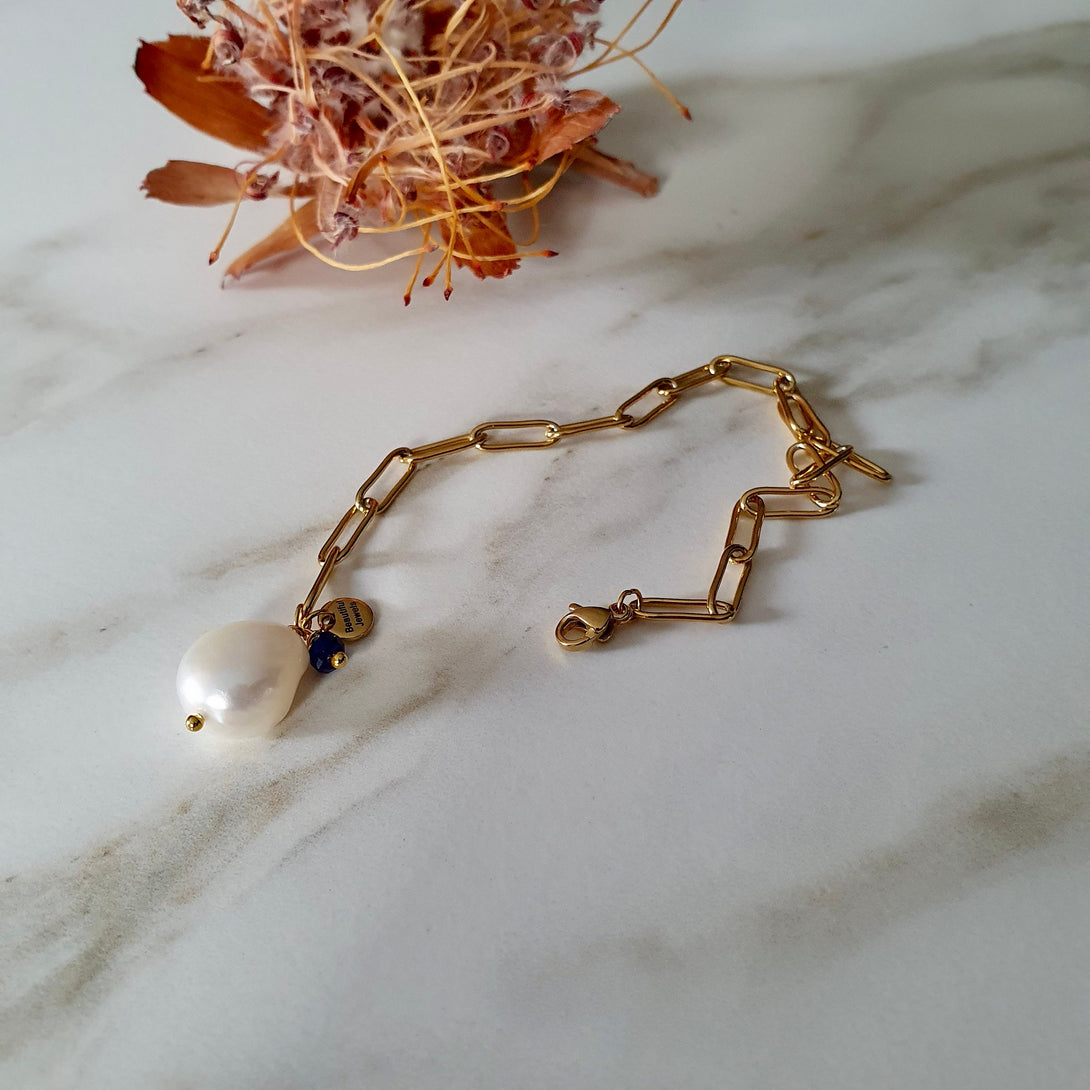 Gold Paperclip Chain With Baroque Pearl And Sapphire, June And September Birthstone Jewellery