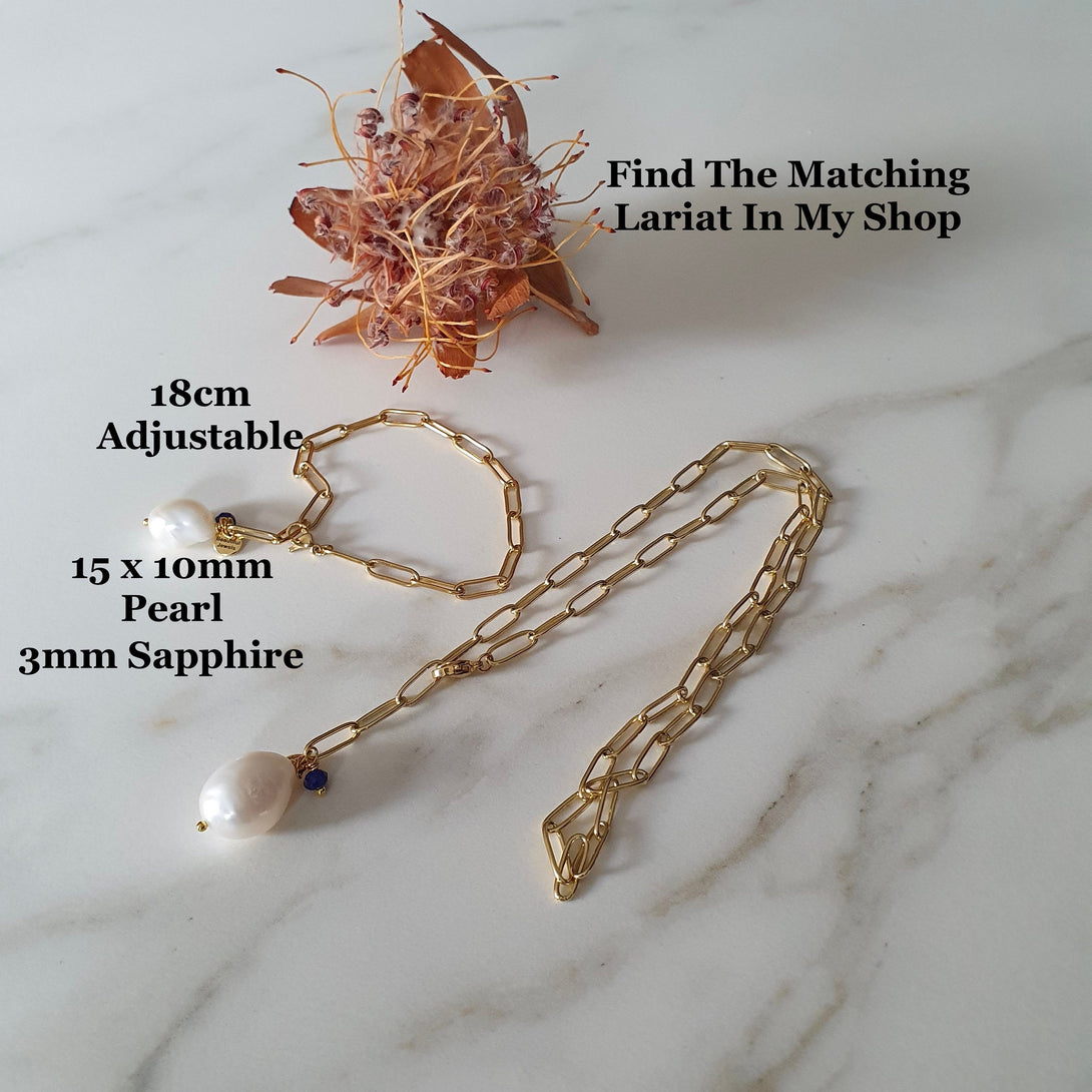 Gold Paperclip Chain With Baroque Pearl And Sapphire, June And September Birthstone Jewellery