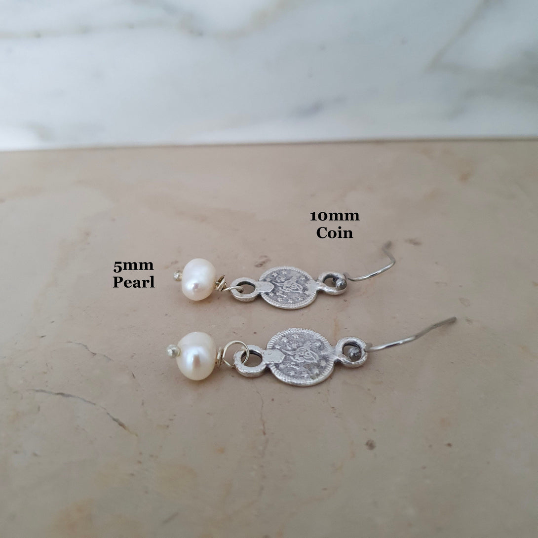 Coin And Pearl Drop Earrings, June Birthstone Jewellery