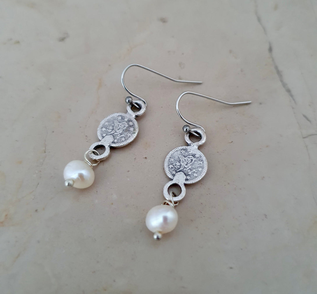 Coin And Pearl Drop Earrings, June Birthstone Jewellery