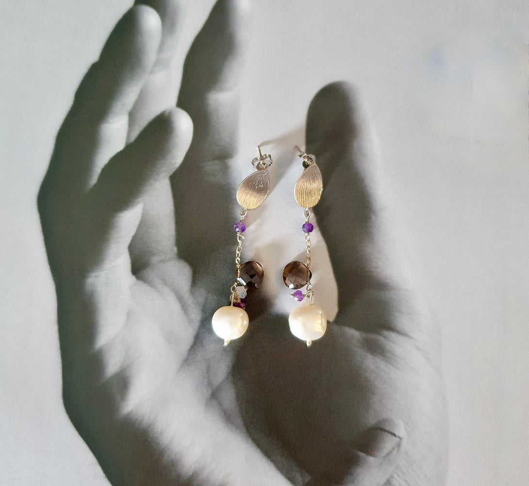 Pearl, Smoky Quartz And Amethyst Chain Drop Earrings In Sterling Silver, February, April And June Birthstone Jewellery