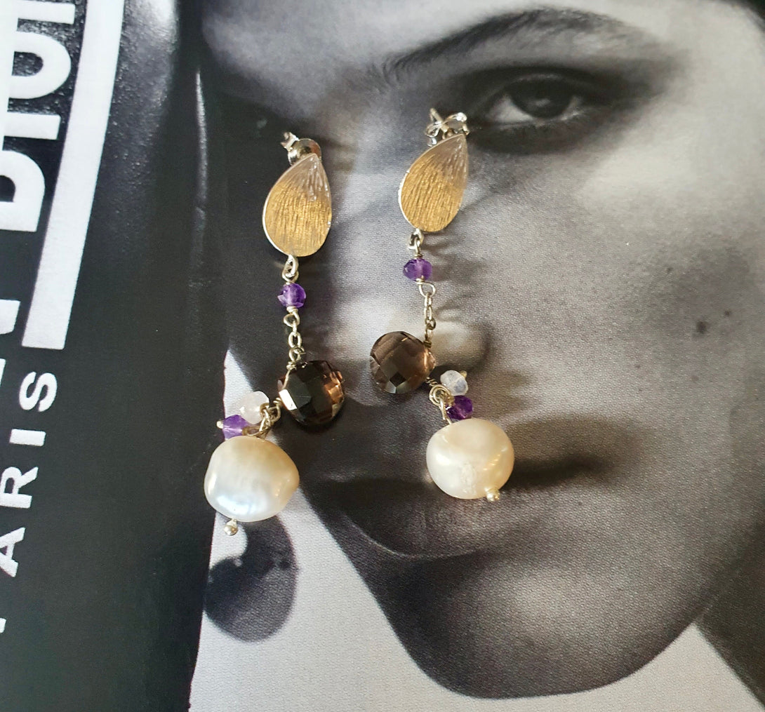 Pearl, Smoky Quartz And Amethyst Chain Drop Earrings In Sterling Silver, February, April And June Birthstone Jewellery