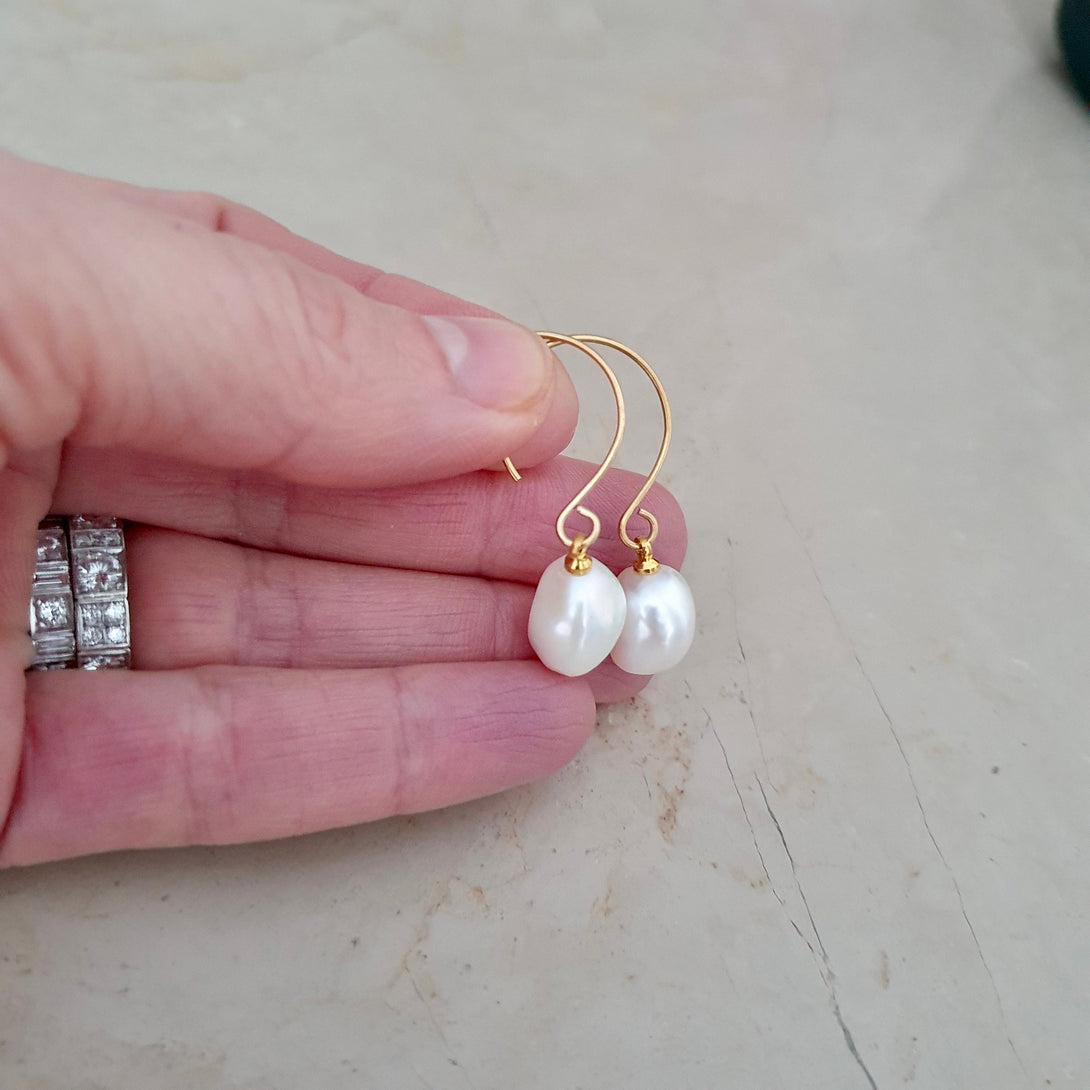 Minimalist Gold Pearl Drop Earrings, June Birthstone Jewellery