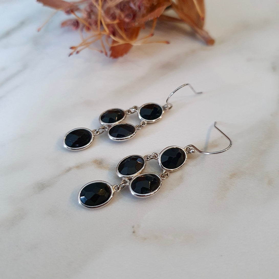 Black Onyx Chandelier Earrings In Sterling Silver, December Birthstone, Protective Jewellery