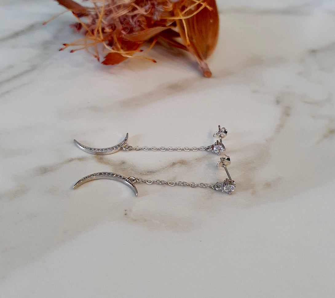 Crescent Moon Chain Drop Stud Earrings In Sterling Silver, Symbolic Jewellery Gifts