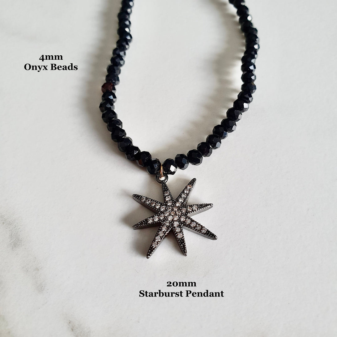 Black Onyx Bead Necklace With Starburst Pendant, Protective December Birthstone Jewellery