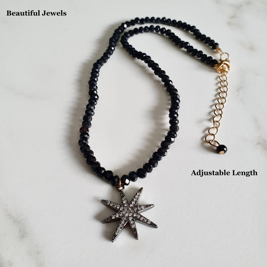 Black Onyx Bead Necklace With Starburst Pendant, Protective December Birthstone Jewellery