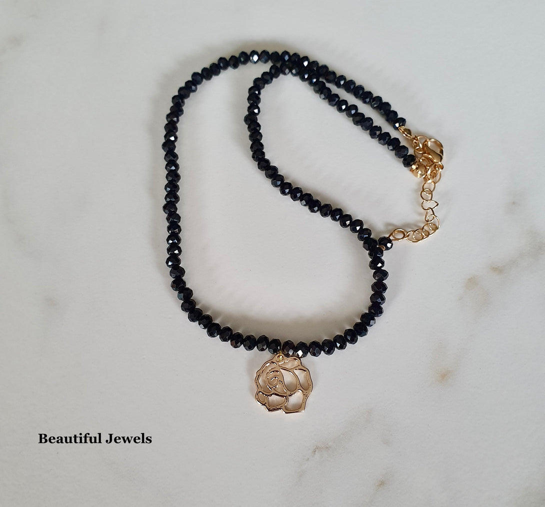 Onyx Bead Necklace With Camellia Charm, Protective And Symbolic December Birthstone Jewellery