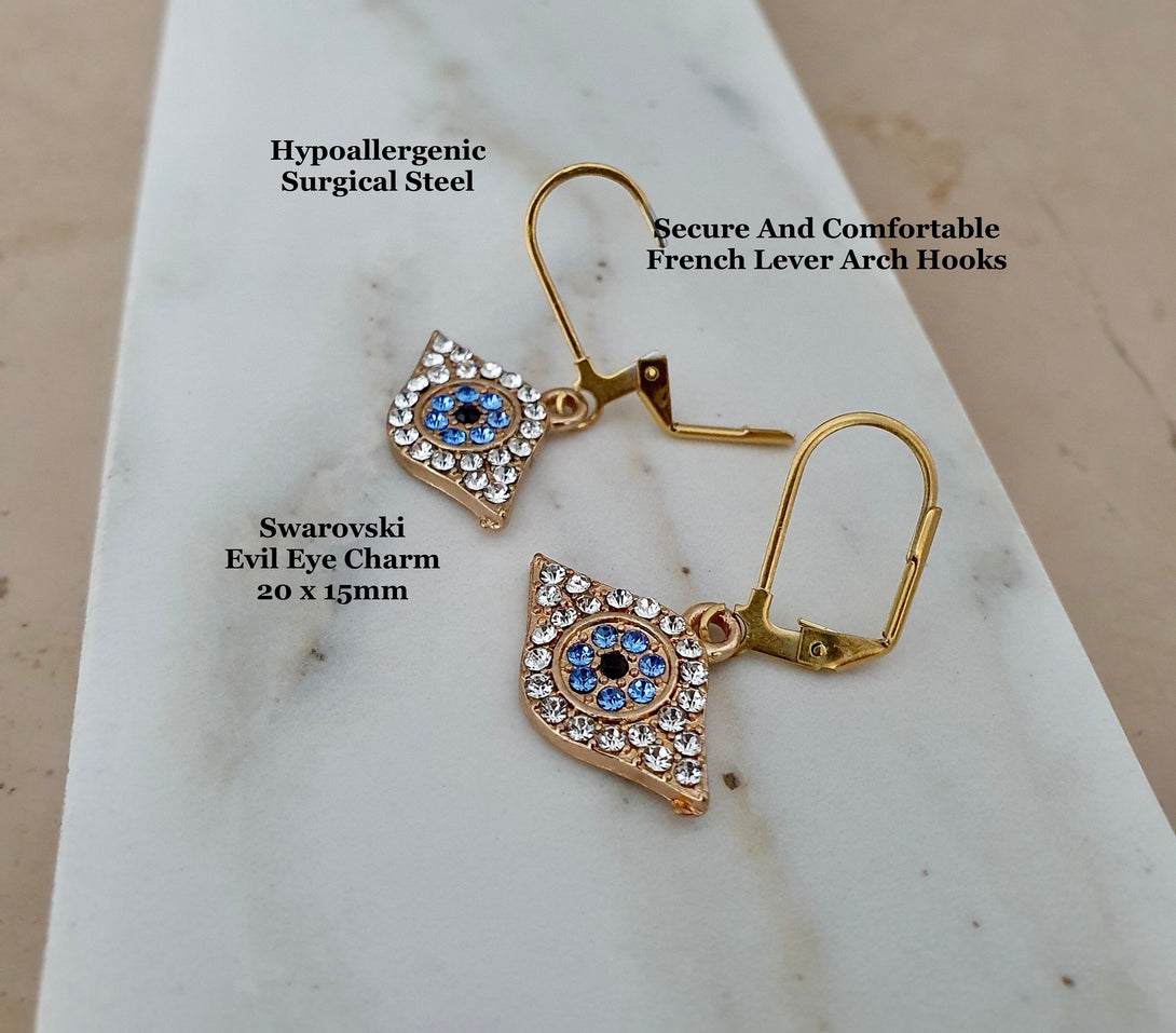 Gold Austrian Crystal Evil Eye Charm Earrings, Symbolic, Protective Jewellery