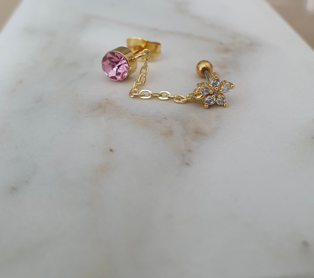 Chain Link Stud Earrings, Daisy And Pink Crystal, Single Earring, Hypoallergenic Surgical Steel, April Birth Flower