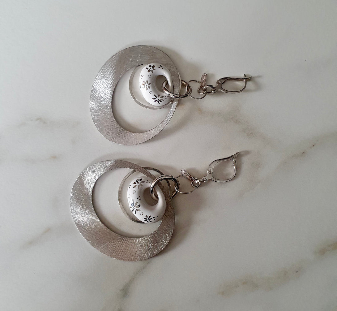 Vintage Italian Ceramic And Sterling Silver Drop Earrings