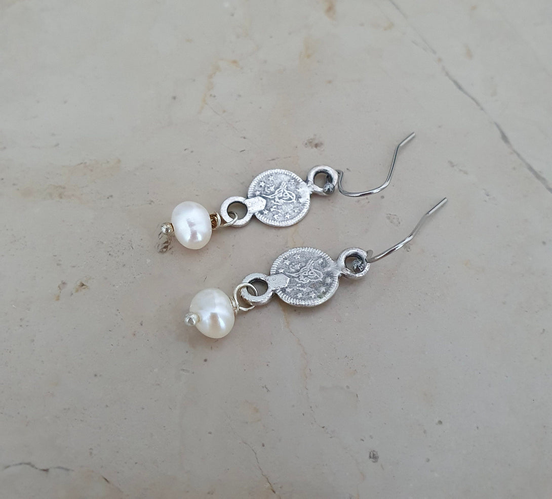 Coin And Pearl Drop Earrings, June Birthstone Jewellery