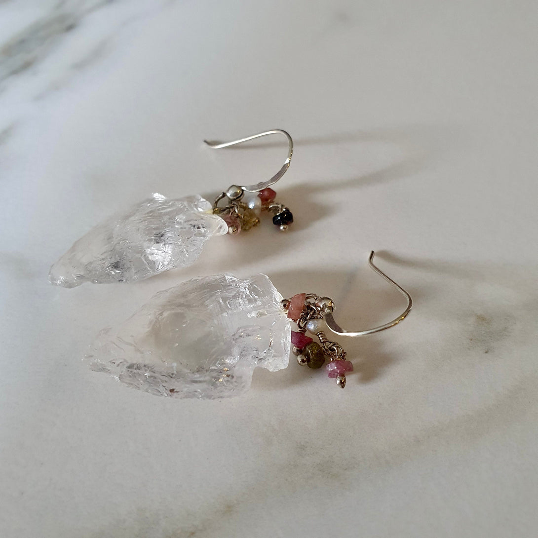 Raw Clear Quartz Arrow Point Earrings With Tourmaline And Pearl Beads, Symbolic, April Birthstone Jewellery In Sterling Silver