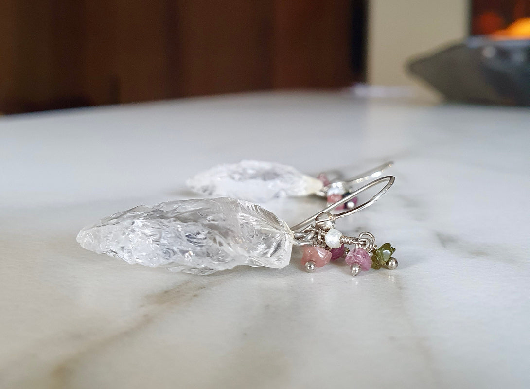 Raw Clear Quartz Arrow Point Earrings With Tourmaline And Pearl Beads, Symbolic, April Birthstone Jewellery In Sterling Silver