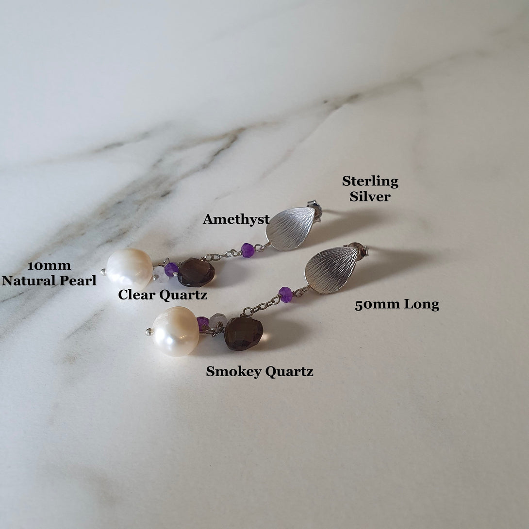 Pearl, Smoky Quartz And Amethyst Chain Drop Earrings In Sterling Silver, February, April And June Birthstone Jewellery