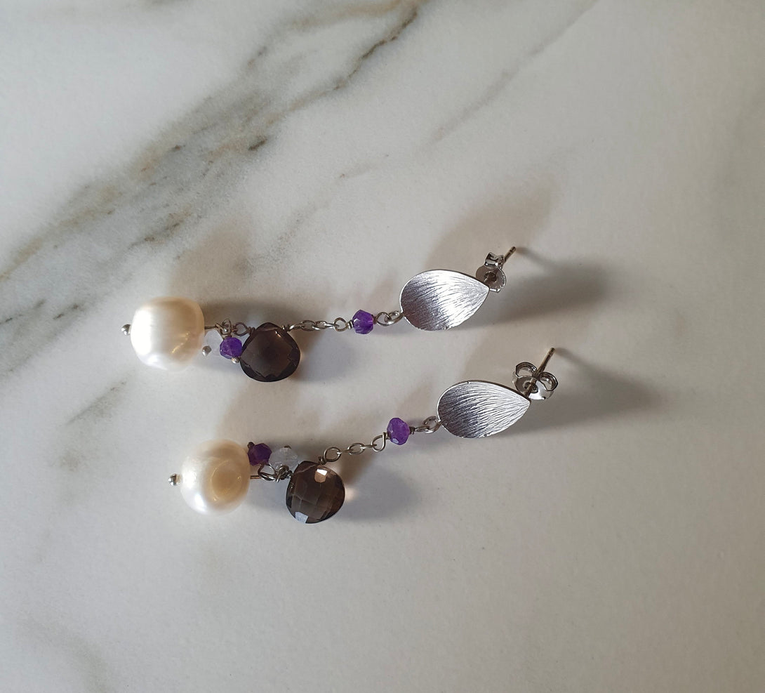 Pearl, Smoky Quartz And Amethyst Chain Drop Earrings In Sterling Silver, February, April And June Birthstone Jewellery