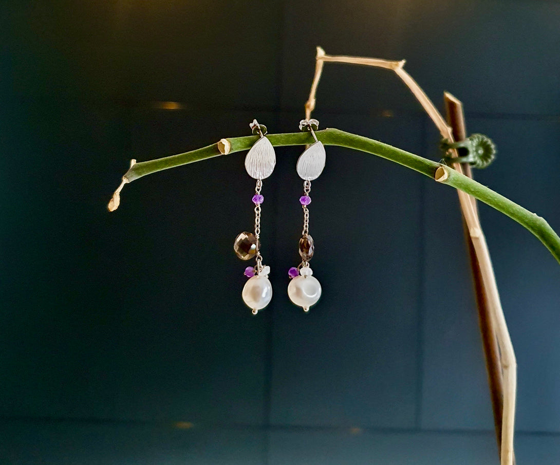 Pearl, Smoky Quartz And Amethyst Chain Drop Earrings In Sterling Silver, February, April And June Birthstone Jewellery