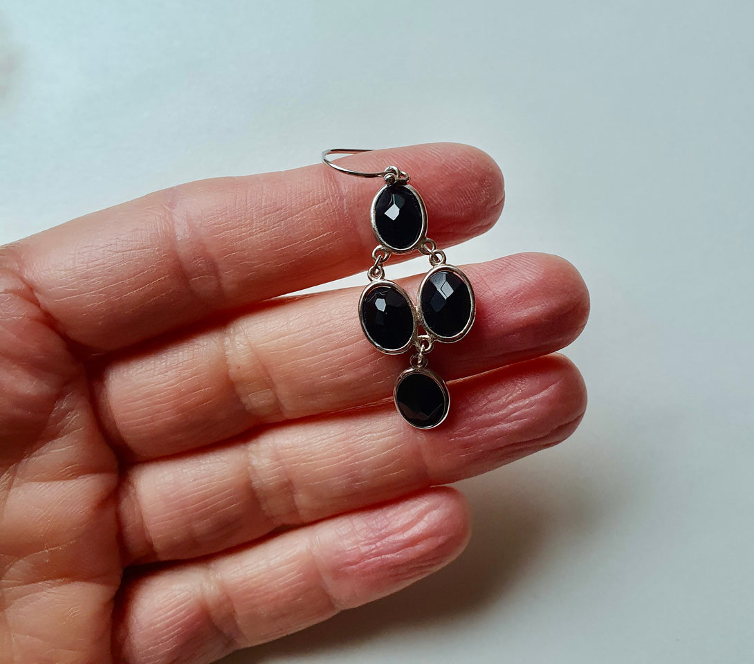 Black Onyx Chandelier Earrings In Sterling Silver, December Birthstone, Protective Jewellery