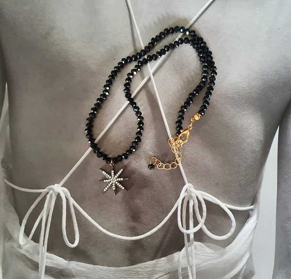 Black Onyx Bead Necklace With Starburst Pendant, Protective December Birthstone Jewellery