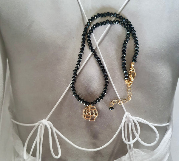 Onyx Bead Necklace With Camellia Charm, Protective And Symbolic December Birthstone Jewellery