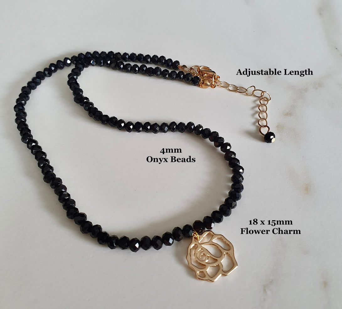 Onyx Bead Necklace With Camellia Charm, Protective And Symbolic December Birthstone Jewellery