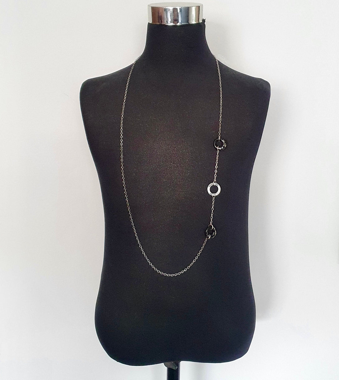 Vintage Italian Silver And Black Ceramic Long Sweater Necklace