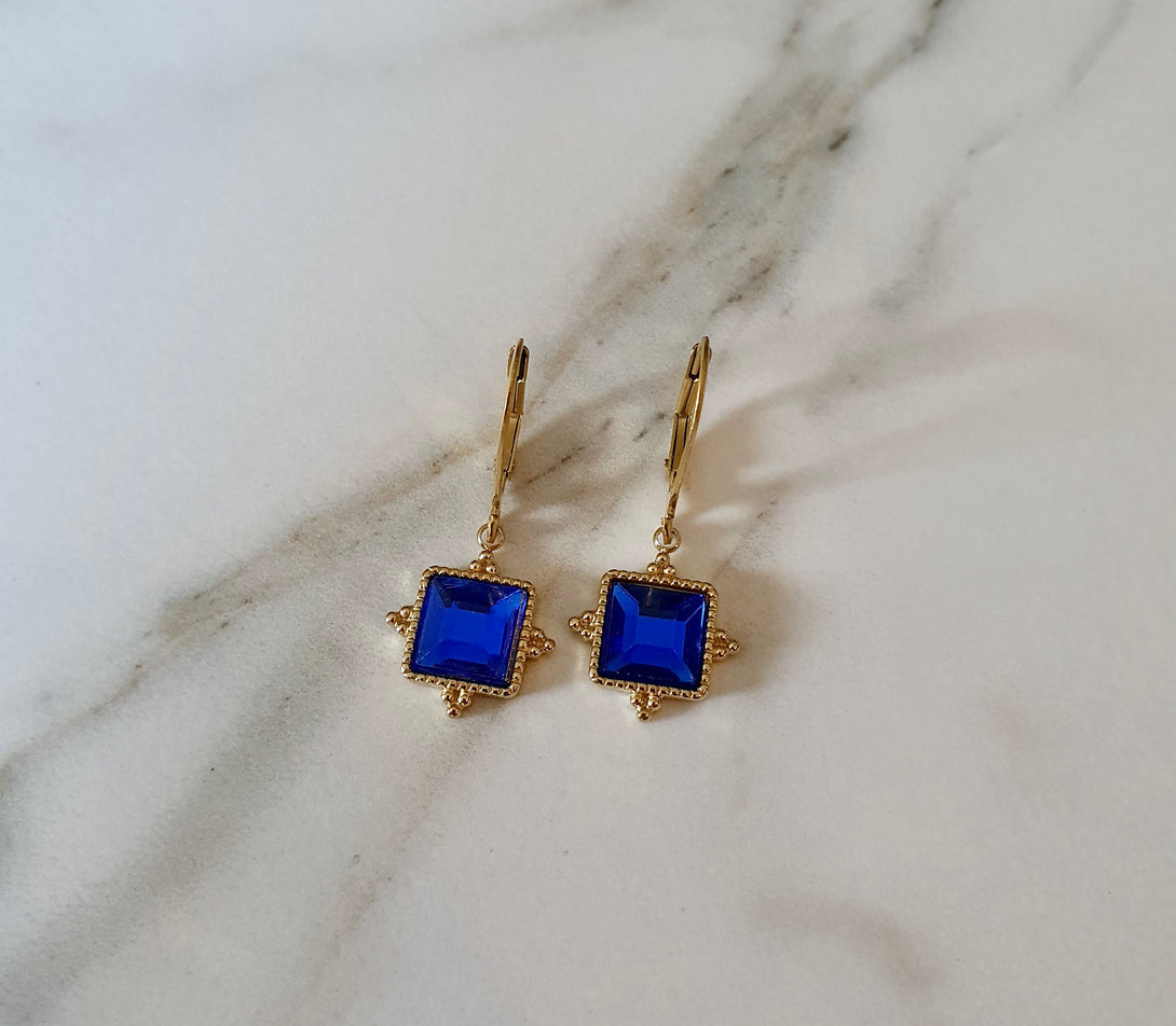 Bridal Blue Gold Drop Earrings, Romantic, Indigo Jewellery