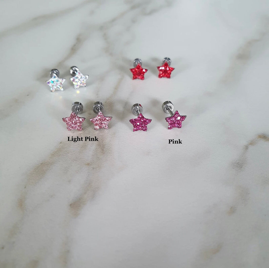 Glitter Star Earrings In Titanium, Hypoallergenic And Secure Screw Backs