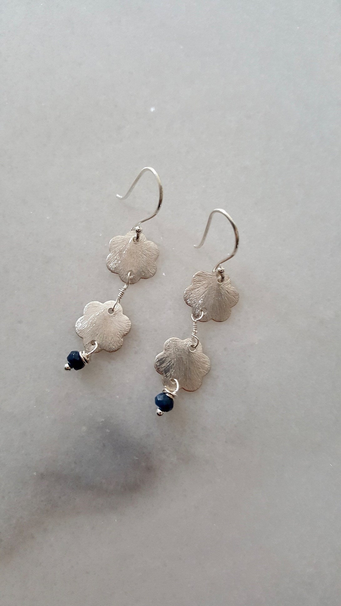 Hammered Metal Gold Flower And Sapphire Drop Earrings, September Birthstone Jewellery