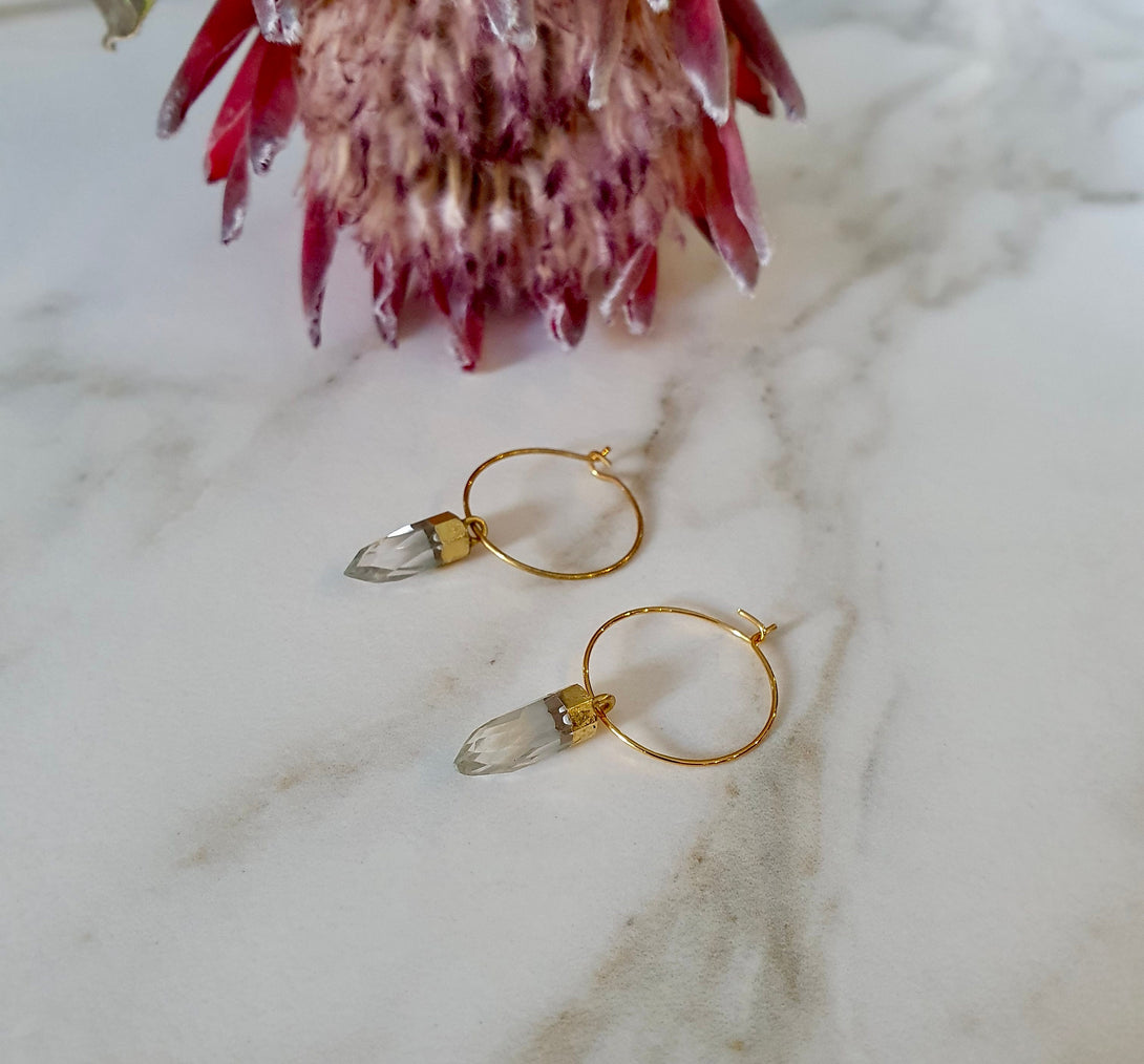 Quartz Diamond Crystal Point Hoop Earrings, Symbolic April Birthstone Jewellery